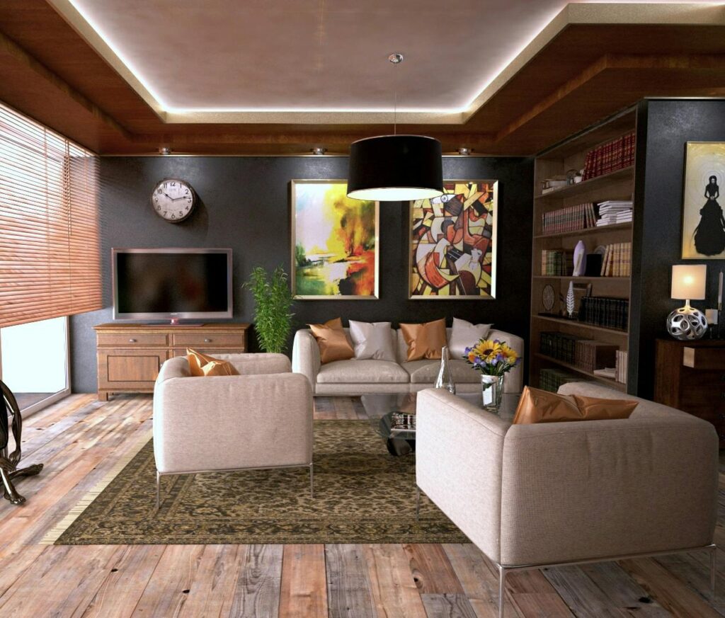 Inviting living room interior featuring modern design with cozy furnishings and stylish decor.