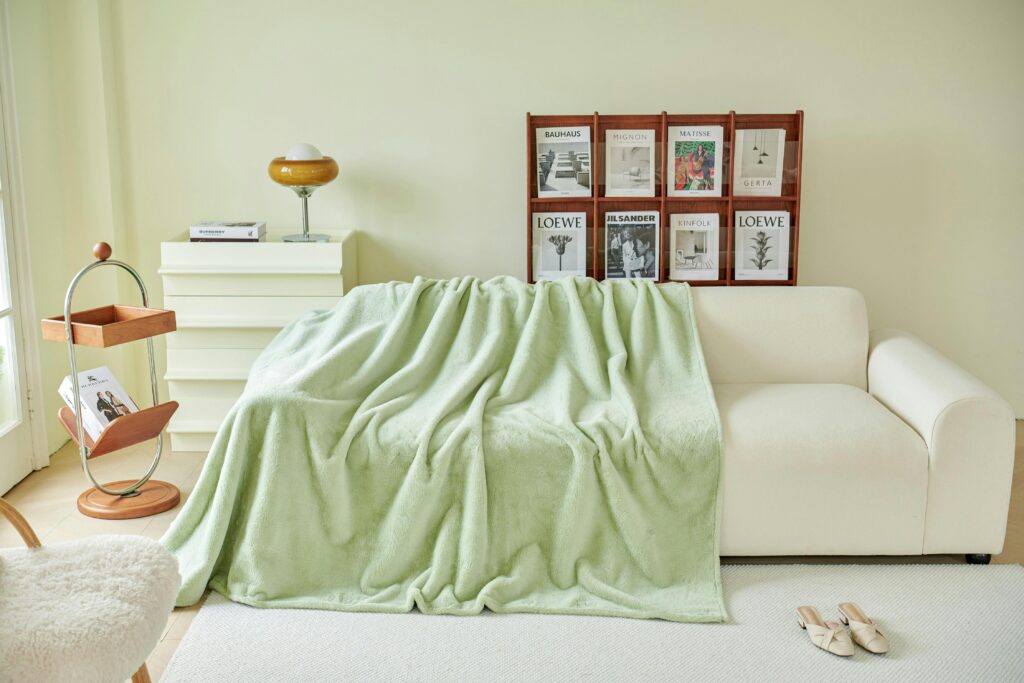 Minimalist living room with elegant decor, showcasing a white sofa and green blanket.